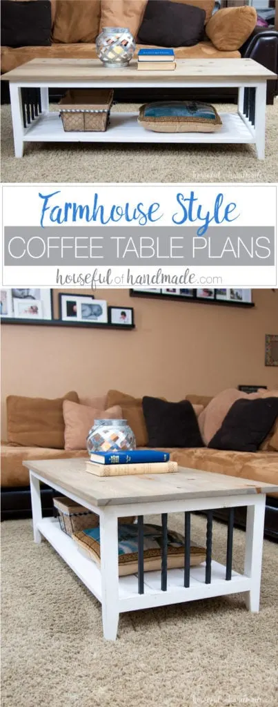 I love this simple, rustic open shelf coffee table. Create the perfect place to relax with this easy to build farmhouse coffee table. Get the free build plans today. | Housefulofhandmade.com