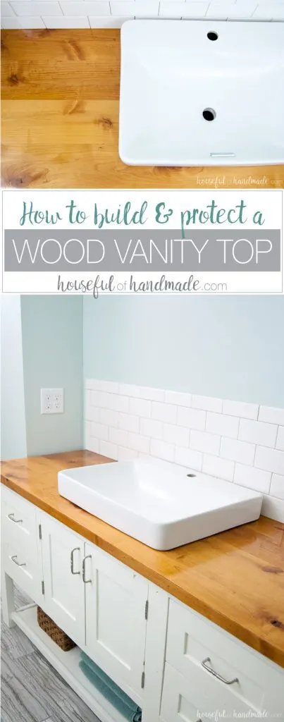 I absolutely love the look of this bathroom vanity! Add some rustic warmth to your farmhouse bathroom by adding a waterproof wood vanity top. Learn how to build & protect a wood vanity top for your next DIY renovation. | Housefulofhandmade.com