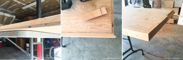 Adding trim to the edge of the vanity top at a 45 degree miter. 