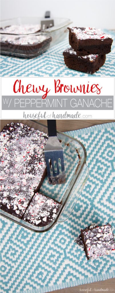 These are the perfect brownies for Christmas! You are going to fall in love with these easy to make Chewy Brownies with Peppermint Ganache. These fudge brownies make the best treats for the season. | Recipe at Housefulofhandmade.com