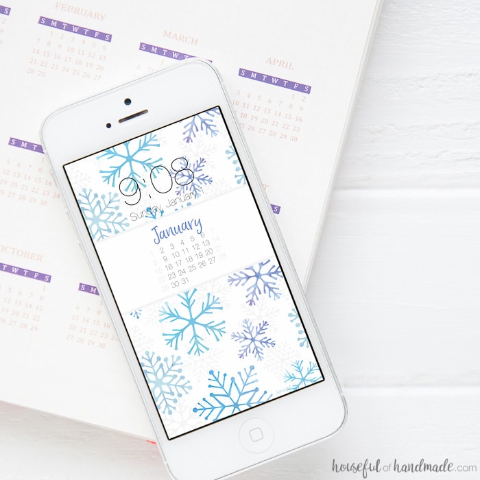 Celebrate the New Year with these watercolor snowflakes on your phone and computer! Download these free digital backgrounds for January today. Includes backgrounds with or without a calendar to help you stay focused in the new year. | Housefulofhandmade.com