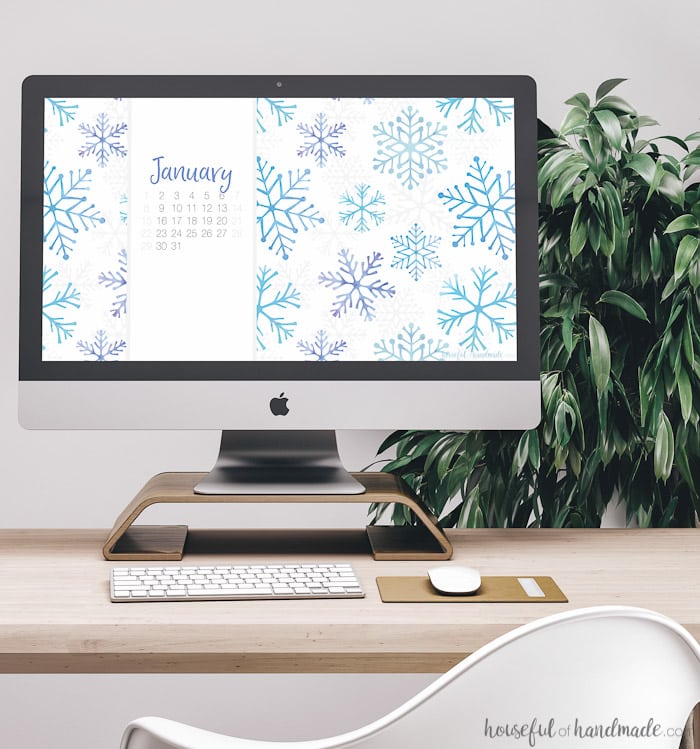 Celebrate the New Year with these watercolor snowflakes on your phone and computer! Download these free digital backgrounds for January today. Includes backgrounds with or without a calendar to help you stay focused in the new year. | Housefulofhandmade.com