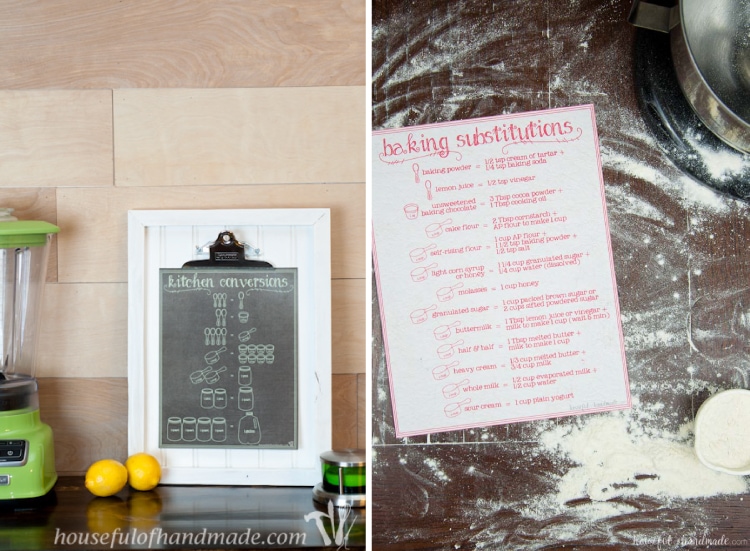 The perfect kitchen companions! These matching free printable kitchen conversions chart and baking substitutions charts are perfect for every kitchen. They also make great gifts for the wanna-be-chef in your life. | Housefulofhandmade.com