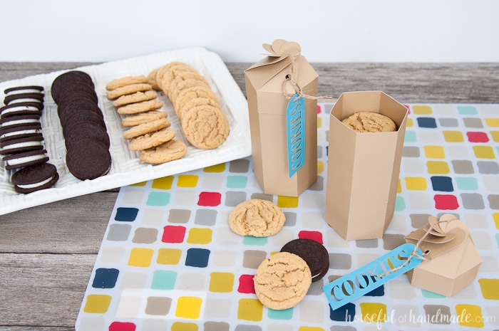 two open diy paper cookie boxes showing the cookies inside next to a tray of cookies