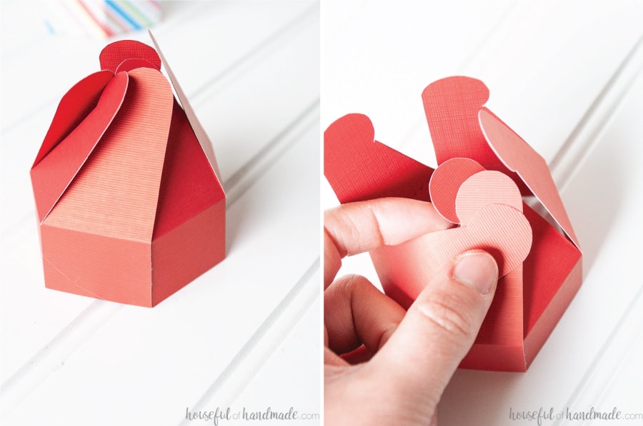 Two pictures showing the lid of the cookie box being glued together and three of the interlocking tabs being put together. 