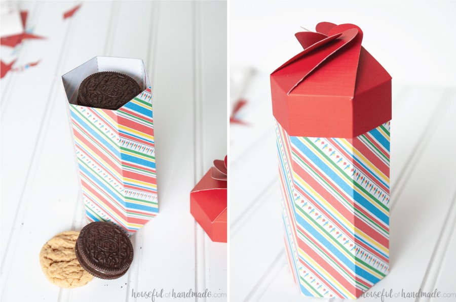 One picture showing the assembled cookie box with cookies in it and the next with the lid on top. 