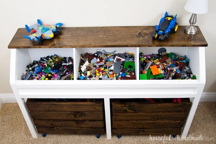 top down view of completed diy rustic toy box