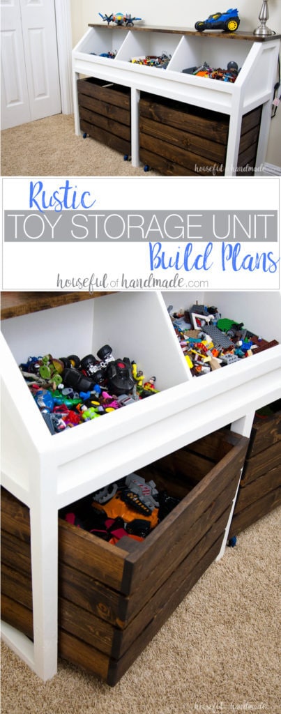 I love this grown-up take on a toy box! Create a console table to organize all the toys. This rustic toy storage unit has large open bins and rolling carts for lots of toy storage. Get the free build plans. | Housefulofhandmade.com