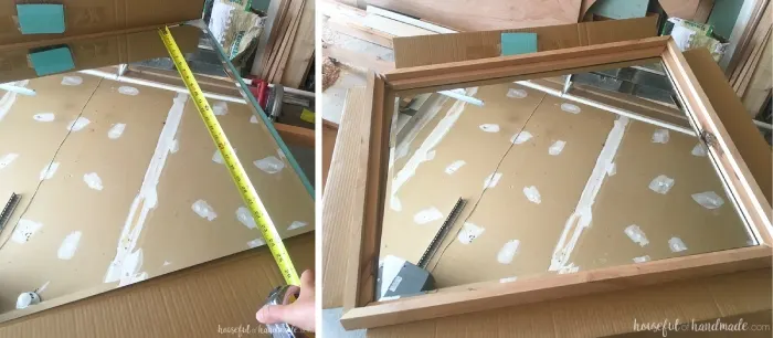 Large decorative mirrors are so expensive but make such an impact on your home decor. See how easy it is to make a DIY rustic mirror from just a few boards and an inexpensive mirror. I actually made it completely out of wood scraps. | Housefulofhandmade.com