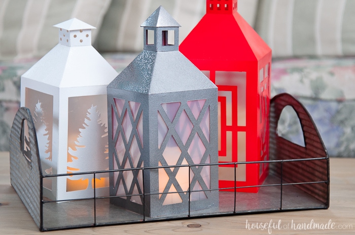 Set of three DIY Paper Lanterns Decor shown in tray on table with candles