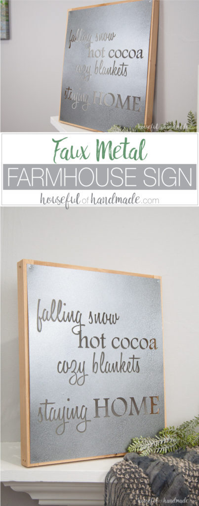 How to Make a Faux Metal Farmhouse Sign inspired by the metal Fixer Upper signs. Housefulofhandmade.com | DIY Metal Sign | DIY Farmhouse Sign | Winter Sign | Winter Mantle | Mantle Decor | Farmhouse Decor | Rustic Decor | Rustic Metal Sign | Stencil Sign | Free Cut File | Silhouette Cameo 