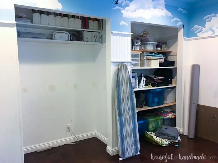 See how I make over this office & craft room for only $100! This March join in on the fun with a bunch of bloggers as they redo rooms in the $100 room challenge. Housefulofhandmade.com | Budget room makeover | $100 Room Challenge | DIY Room Makeover | Home Renovation Ideas | Office Makeover | Craft room Makeover | Budget Storage Ideas