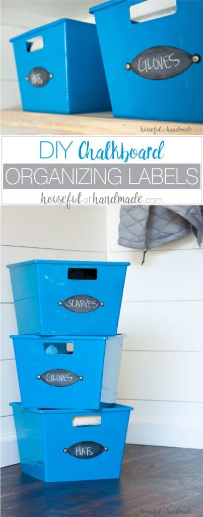 Make these easy DIY chalkboard organizing labels in just minutes. Housefulofhandmade.com || Organization Hacks | Organizing ideas | Chalkboard labels | Storage Bins | Dollar Store Bins | Storage Ideas | DIY Labels | Spellbinders | Die Cutting | Paper crafts