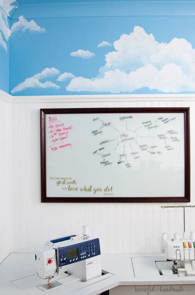 Turn an old thrift store picture into a DIY idea board for your office. The perfect place to sketch out all your creative thoughts. | Housefulofhandmade.com | Custom Whiteboard | Upcycled Picture Frame | Things to do with Picture Frames | Transform Thift Store Picture Frame | Office Organization | Office Productivity Ideas | Budget Makeover | $100 Room Challenge