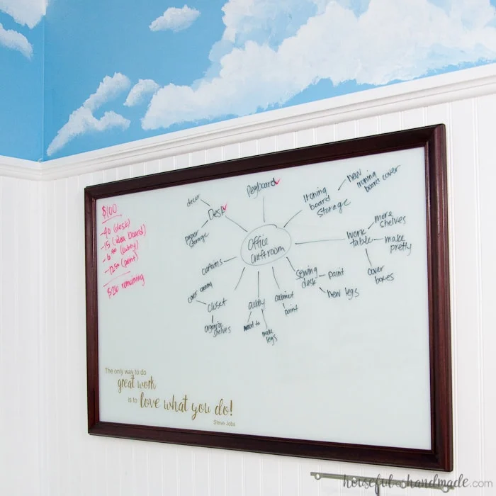 Turn an old thrift store picture into a DIY idea board for your office. The perfect place to sketch out all your creative thoughts. | Housefulofhandmade.com | Custom Whiteboard | Upcycled Picture Frame | Things to do with Picture Frames | Transform Thift Store Picture Frame | Office Organization | Office Productivity Ideas | Budget Makeover | $100 Room Challenge