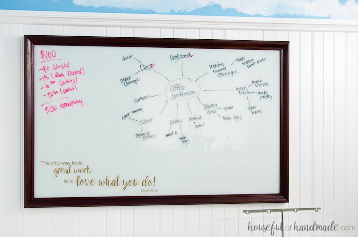 Turn an old thrift store picture into a DIY idea board for your office. The perfect place to sketch out all your creative thoughts. | Housefulofhandmade.com | Custom Whiteboard | Upcycled Picture Frame | Things to do with Picture Frames | Transform Thift Store Picture Frame | Office Organization | Office Productivity Ideas | Budget Makeover | $100 Room Challenge