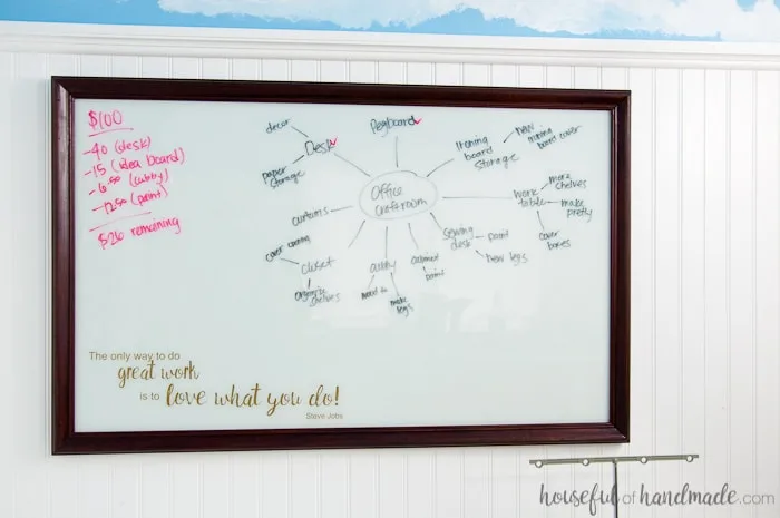 Turn an old thrift store picture into a DIY idea board for your office. The perfect place to sketch out all your creative thoughts. | Housefulofhandmade.com | Custom Whiteboard | Upcycled Picture Frame | Things to do with Picture Frames | Transform Thift Store Picture Frame | Office Organization | Office Productivity Ideas | Budget Makeover | $100 Room Challenge