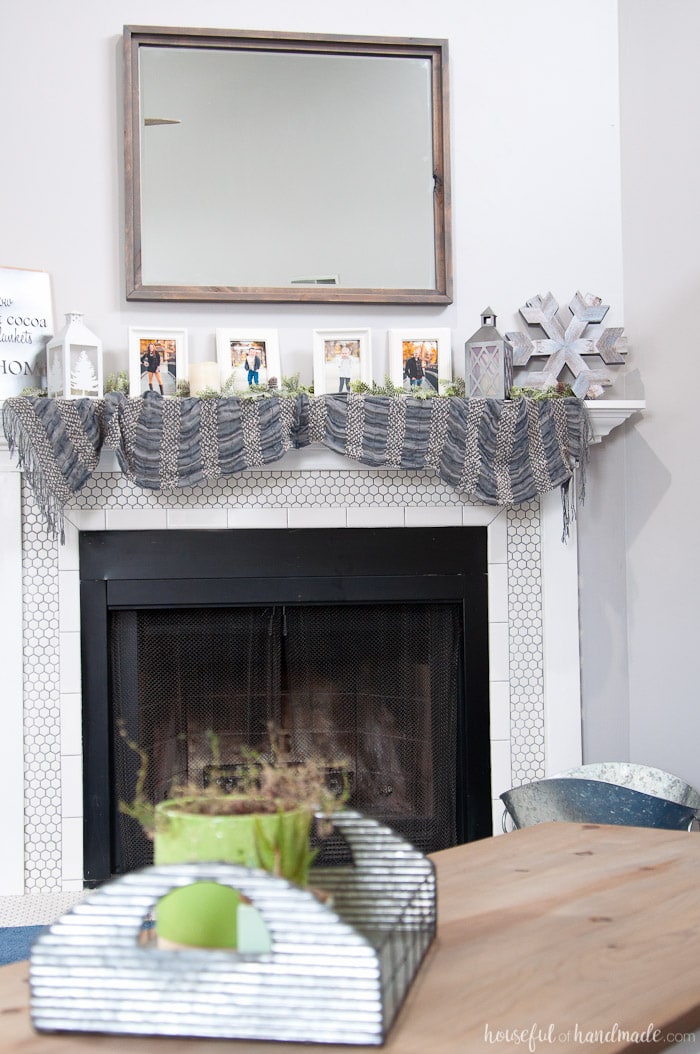 Create the perfect warm and cozy winter mantle. Includes lots of DIY home decor tutorials. | Winter Mantle | Mantle Decor | Neutral Mantle Decor | DIY Mantle Decor | Farmhouse Decor | Farmhouse Fireplace | Rustic Mantle | housefulofhandmade.com