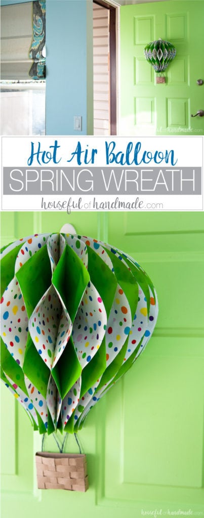 Make a paper hot air balloon spring wreath to brighten up your front door this spring! Housefulofhandmade.com | Unique wreath ideas | Spring Wreath | Summer Wreath | Paper Crafting | DIY Hot Air Balloon | Paper Decor | DIY Wreath