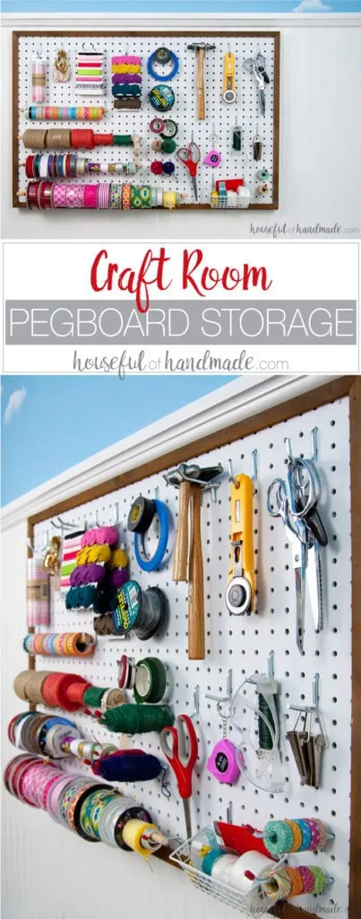 Create the perfect place to organize your most used supplies! Learn how to hang pegboard so it is removable if needed. Housefulofhandmade.com | Craft organization ideas | Craft room remodel | Pegboard organization | $100 Room Challenge | Easy woodworking | Easy building plans | Free Building plans 