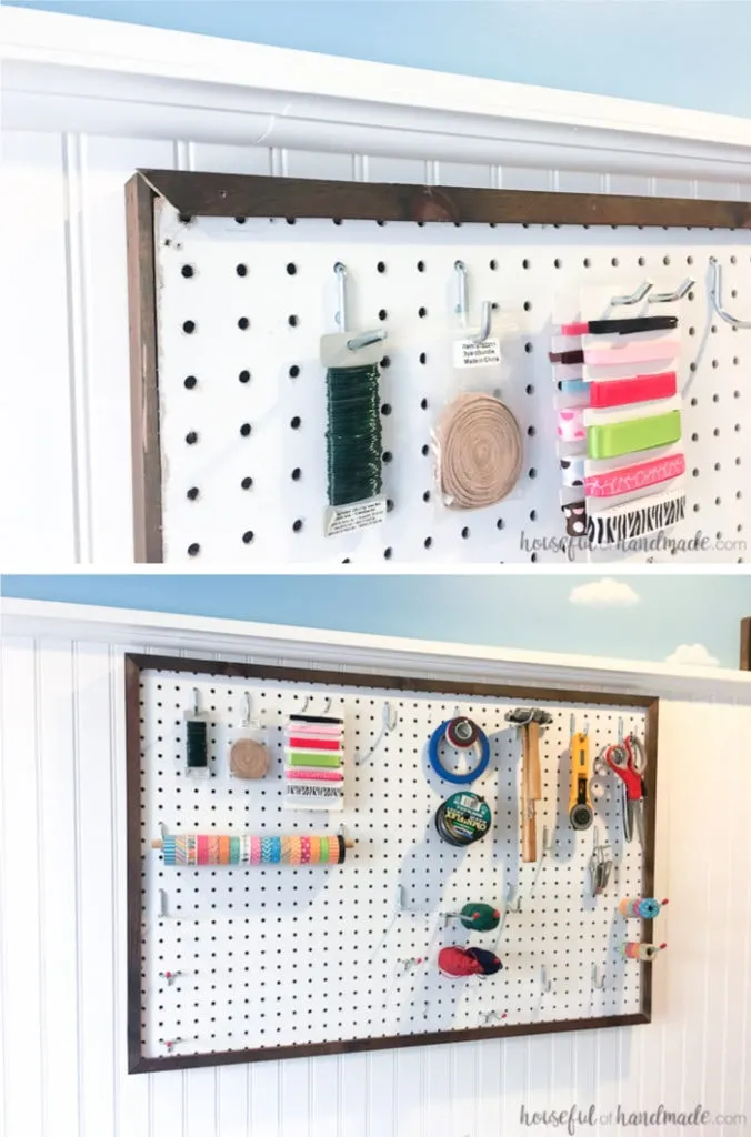 Create the perfect place to organize your most used supplies! Learn how to hang pegboard so it is removable if needed. Housefulofhandmade.com | Craft organization ideas | Craft room remodel | Pegboard organization | $100 Room Challenge | Easy woodworking | Easy building plans | Free Building plans 