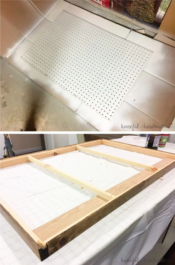 Create the perfect place to organize your most used supplies! Learn how to hang pegboard so it is removable if needed. Housefulofhandmade.com | Craft organization ideas | Craft room remodel | Pegboard organization | $100 Room Challenge | Easy woodworking | Easy building plans | Free Building plans 