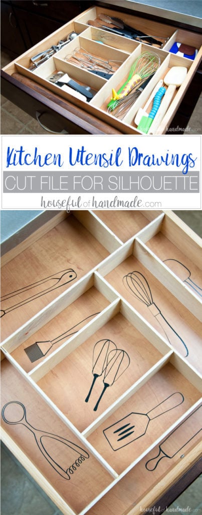 Organize your kitchen drawers and keep them organized with these fun kitchen utensil drawings. Includes free cut file for vinyl decals. housefulofhandmade.com | Silhouette Cameo | Vinyl Decal | Free Silhouette File | Kitchen Drawer Organization | Kitchen Utensil Organization | DIY Drawer Organizer | Wood Drawer Organizer | Custom Kitchen Organizer 
