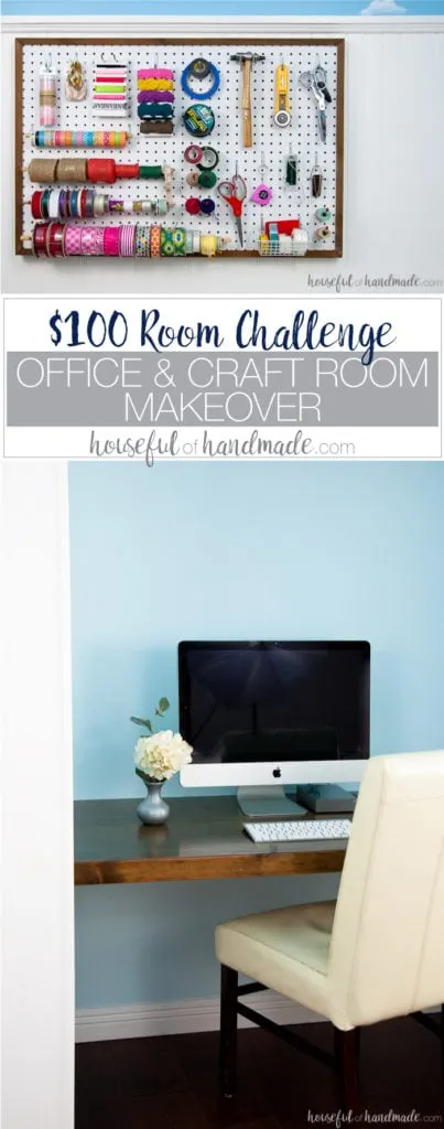 See how I make over this office & craft room for only $100! This March join in on the fun with a bunch of bloggers as they redo rooms in the $100 room challenge. Housefulofhandmade.com | Budget room makeover | $100 Room Challenge | DIY Room Makeover | Home Renovation Ideas | Office Makeover | Craft room Makeover | Budget Storage Ideas 