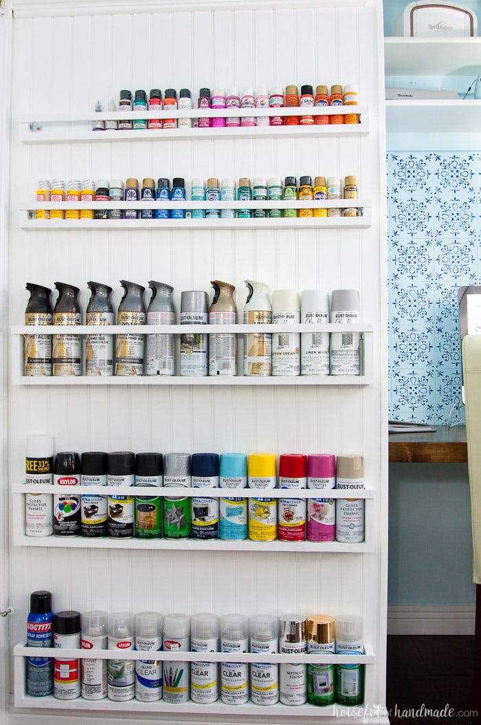 Create the perfect DIY paint storage from scraps or cheap wood. The paint storage shelves can even be hung in closets or behind doors to free up even more space. Housefulofhandamde.com | $100 Room Challenge | Spray Paint Storage | Craft Paint Storage | Craft Room Organization | Scrap Wood Build Plans | Free Build Plans | DIY Storage Solutions | Craft Room Makeover | Office Makeover
