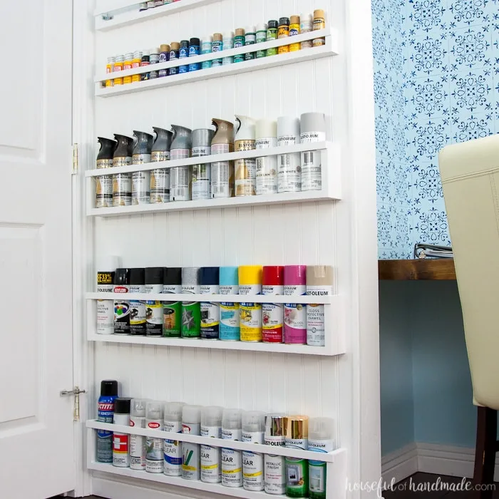 Use these amazing DIYs to Organize your home this year. Create the perfect DIY paint storage from scraps or cheap wood. The paint storage shelves can even be hung in closets or behind doors to free up even more space. Housefulofhandamde.com | $100 Room Challenge | Spray Paint Storage | Craft Paint Storage | Craft Room Organization | Scrap Wood Build Plans | Free Build Plans | DIY Storage Solutions | Craft Room Makeover | Office Makeover