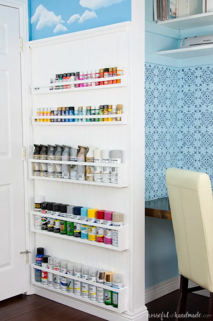 Create the perfect DIY paint storage from scraps or cheap wood. The paint storage shelves can even be hung in closets or behind doors to free up even more space. Housefulofhandamde.com | $100 Room Challenge | Spray Paint Storage | Craft Paint Storage | Craft Room Organization | Scrap Wood Build Plans | Free Build Plans | DIY Storage Solutions | Craft Room Makeover | Office Makeover