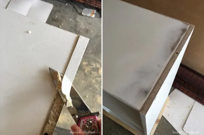 scraping off edge banding for the diy cube bookcase