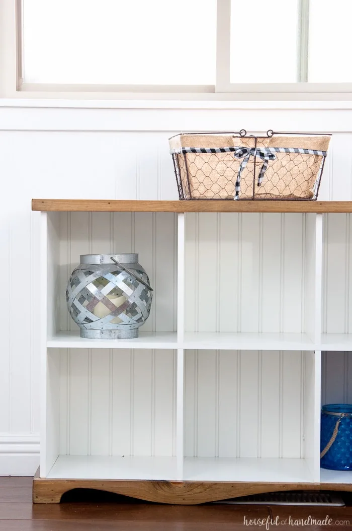 DIY bookcase console table with beadboard back. 