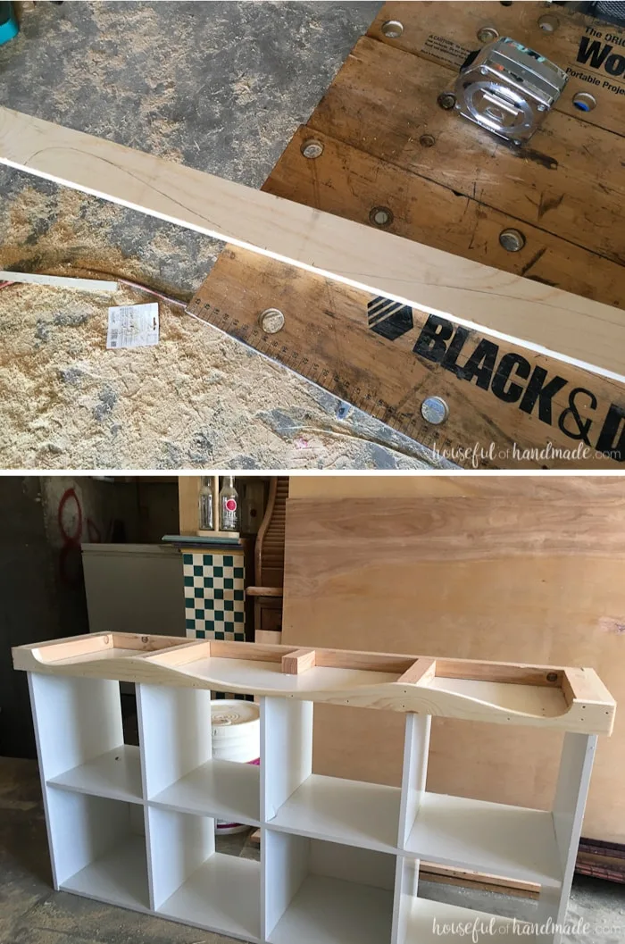 Cutting and attaching a decorative base to the bookcase console table