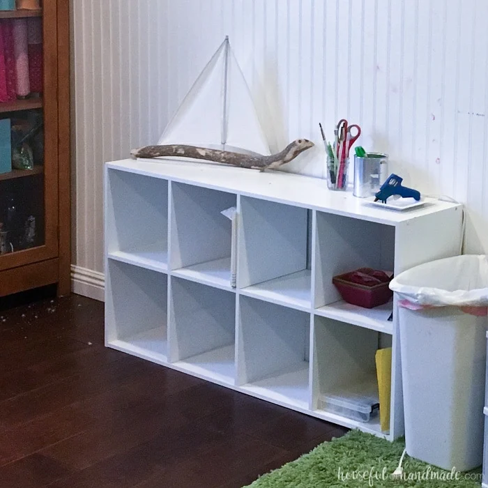 I love this chic farmhouse style office & craft room reveal! The entire room was redone for only $100 in 1 month. Lots of creative projects, including upcycling cheap furniture into beautiful pieces with character. See the full reveal at Housefulofhandmade.com | $100 Room Challenge | Office Makeover | Craft Room Makeover | Sewing Room Ideas | Farmhouse Decor | DIY Home Decor | Craft Room Organization | Patterned Wall | Closet Desk 