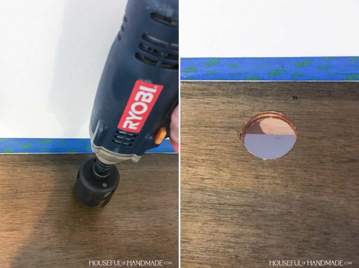 Stained wood desk top in closet with hole being cut out with Ryobi tool to place cords through.