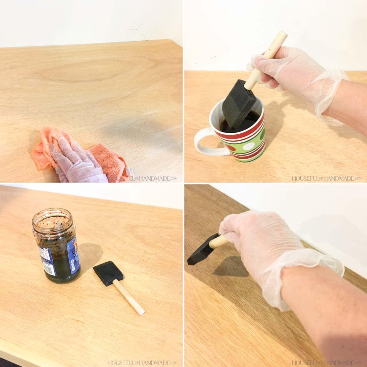 Wood desk top being stained with tea and steel wool stain using a foam brush.