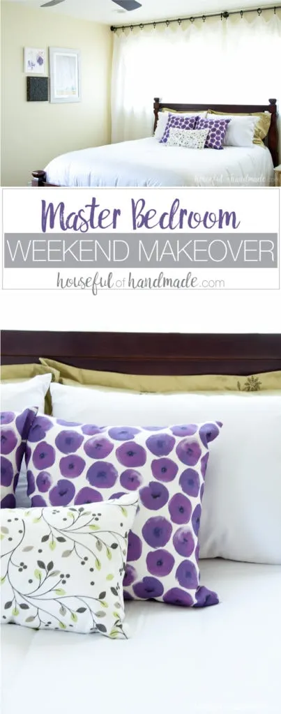 See how easy it is to complete a Master Bedroom Makeover in a weekend. A handful of simple projects can make your bedroom look bigger and brighter. Housefulofhandmade.com | Weekend Makeover | Bedroom Refresh | White Curtains | White bedding | Bed pillows | Bedroom Art | Roman Shades