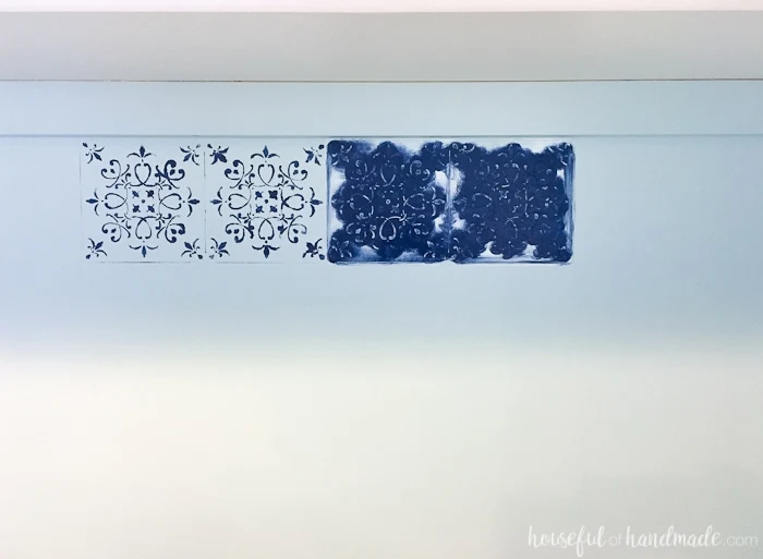Add a DIY wall stencil to make a huge impact on a budget. See how to transform a room for only $100 with this office & craft room makeover. | Housefulofhandmade.com