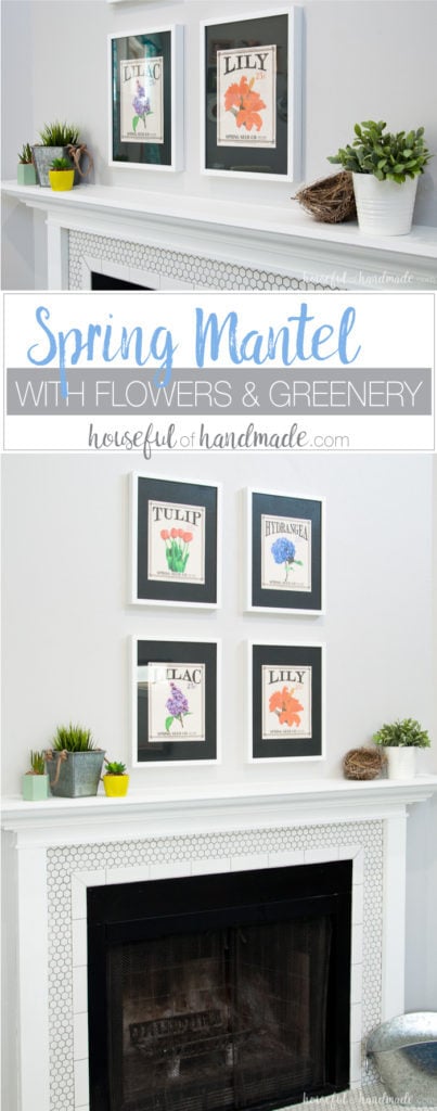 Create the perfect Spring Mantel with flowers and greenery. It's so easy to achieve this statement mantel with free printables and a some faux plants. Housefulofhandmade.com | Spring Mantel | Free Printable | Vintage Seed Packets | Flower Themed Mantel | Spring Mantel Ideas | Easy Mantel 