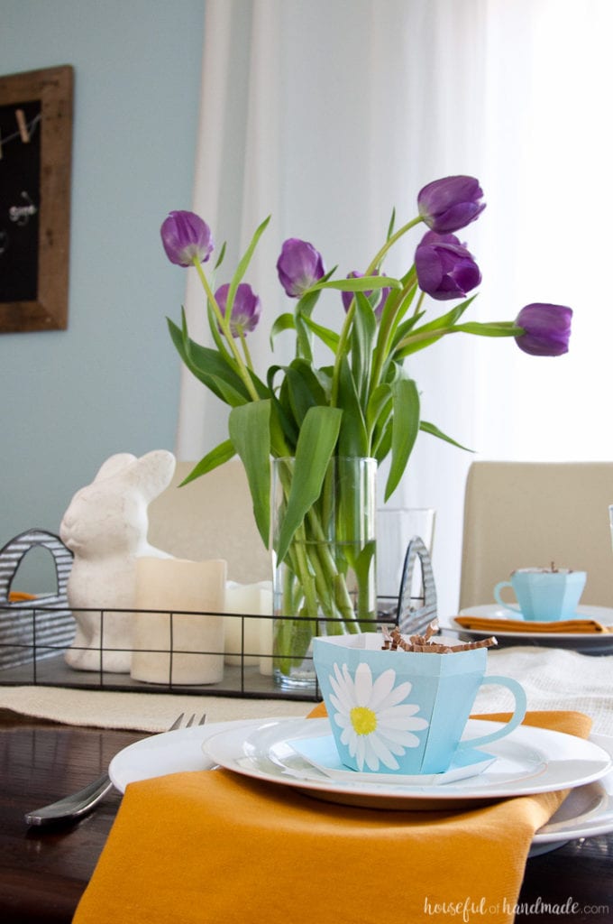 Decorate your home for spring with lots of flowers and color. This easy Spring Tablescape features adorable floral print paper tea cups and lots of sunshine. Housefulofhandmade.com | Spring Tablescape | Easter Tablescape | Mother's Day Brunch | Paper Tea Cups | 3D Tea Cup | Easter Decor | Spring Decor | Farmhouse Decor 