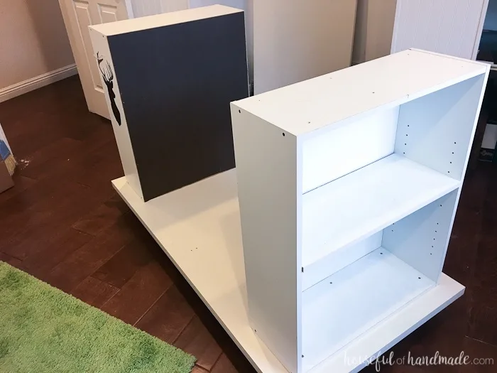 Don't throw out those old cheap bookcases from your college days, upcycle them into the perfect work station. Create this amazing upcycled bookcase rolling work table for your craft room or office. | Housefulofhandmade.com || Craft Table | Rolling Work Table | Upcycled Bookcase | Craft Room Storage | Free Build Plans