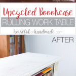 Don't throw out those old cheap bookcases from your college days, upcycle them into the perfect work station. Create this amazing upcycled bookcase rolling work table for your craft room or office. | Housefulofhandmade.com || Craft Table | Rolling Work Table | Upcycled Bookcase | Craft Room Storage | Free Build Plans