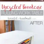 Don't throw out those old cheap bookcases from your college days, upcycle them into the perfect work station. Create this amazing upcycled bookcase rolling work table for your craft room or office. | Housefulofhandmade.com || Craft Table | Rolling Work Table | Upcycled Bookcase | Craft Room Storage | Free Build Plans