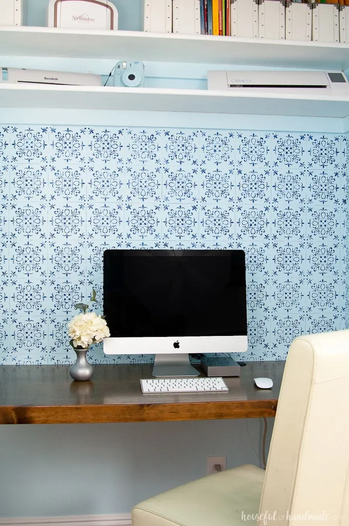 Make your own wall stencil with your Silhouette Cameo to add style to any space for cheap. This Patterned Tile Wall Stencil DIY transformed the closet desk area into a beautiful focal point for the entire room. Includes the free cut file for the patterned tile design. Housefulofhandmade.com | Silhouette Creators Challenge | How to Use a Wall Stencil | Focal Wall Ideas | Patterned Walls | Electronic Cutting Machine