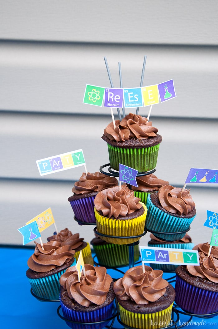 cupcakes with science themed flags decorations