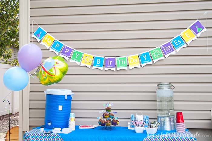 table of refreshments under a science themed banner for a child's birthday party