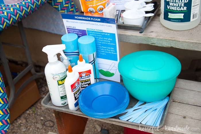 supplies to make home made foam on a tray ready for children to enjoy the science themed birthday party