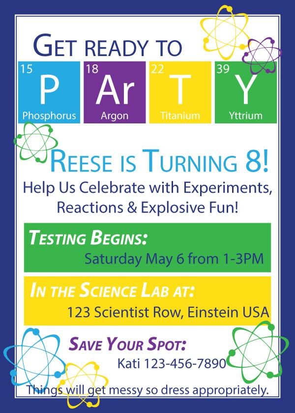 custom invitation to a science themed birthday party
