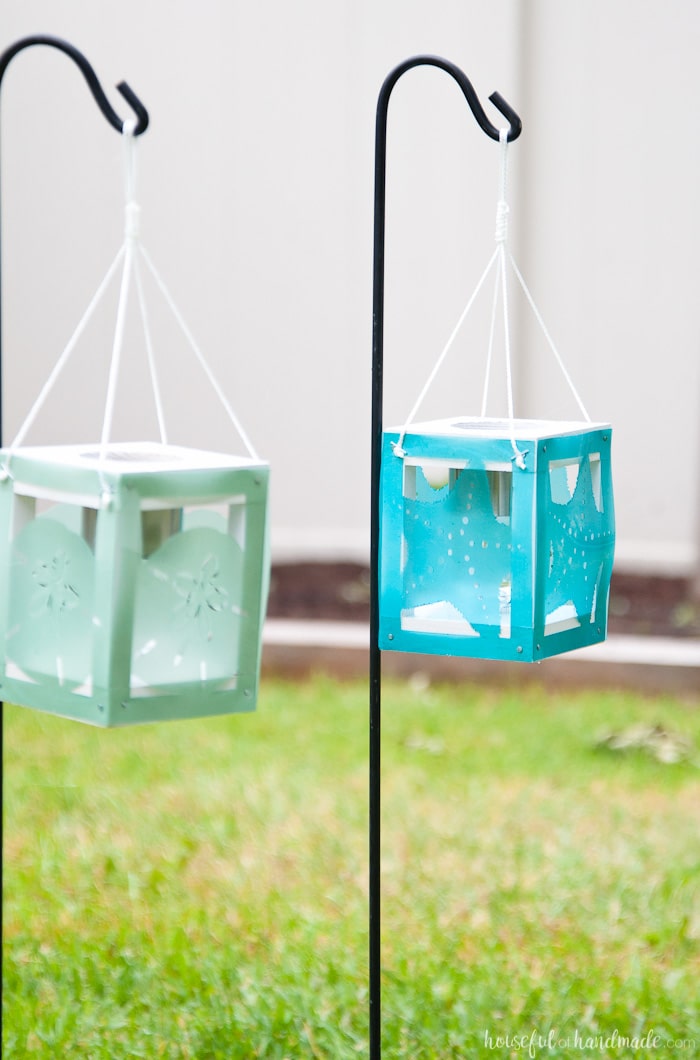 Create beautiful beach themed decor for the backyard with scrap wood, cheap solar path lights and your Silhouette Cameo. These coastal solar lantern decor will give beautiful lighting to the warm summer evenings. A fun and easy DIY for summer decorating. Housefulofhandmade.com | Silhouette Creators Challenge | Silhouette Crafts | Outdoor Crafts | DIY Solar Lanterns | Decorative Solar Lights 